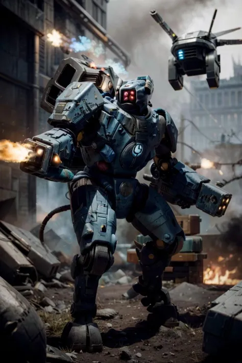 Photo of  battlesuit, mecha, xv8, holding gun, firing, 
(man:1.2),  epic, shiny blue metal, scartches, blue paintjob, shoulder cannon, arm cannon, gattling gun, damaged, cannon,
tau, fire warrior, soldiers in the background
army, battle, in the middle of siege, heavy explosion, gun drone, arm cannon firing,
no humans, 
<lora:tool - add_detail:1> <lora:Ta'u, Battle Suits MK1 by CARAXES:0.8>