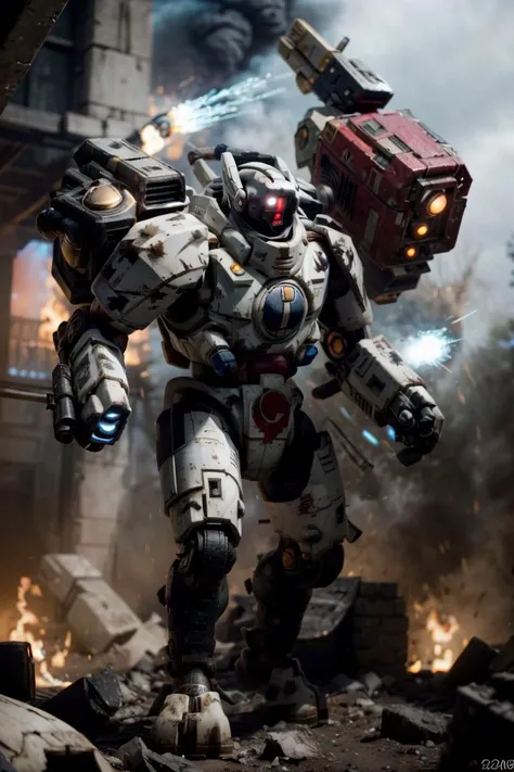 Photo of battlesuit, mecha, xv88, holding gun, firing,
(man:1.2), epic, white metal, scartches, red colorway, shoulder cannon, arm cannon, gattling gun, damaged, cannon,
tau, fire warrior, soldiers in the background
army, battle, in the middle of siege, heavy explosion, gun drone, arm cannon firing, size difference, giant,
no humans,
<lora:tool - add_detail:1> <lora:Ta'u, Battle Suits MK1 by CARAXES:0.8>