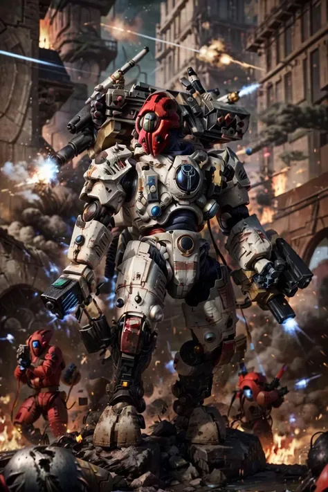 Photo of battlesuit, mecha, xv95, holding gun, firing, 
(man:1.2), ascended, epic, white metal, scartches, red colorway, shoulder cannon, arm cannon, gattling gun, damaged
tau, fire warrior, soldiers in the background
army, battle, in the middle of siege, heavy explosion, gun drone, 
<lora:tool - add_detail:1> <lora:Ta'u, Battle Suits MK1 by CARAXES:0.8>