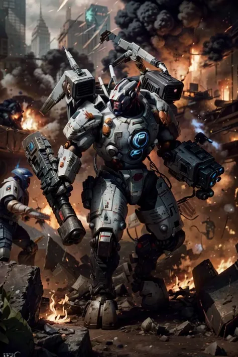 Photo of battlesuit, mecha, xv88, holding gun, firing,
(man:1.2), ascended, epic, white metal, scartches, red colorway, shoulder cannon, arm cannon,
tau, fire warrior, soldiers in the background
army, battle, in the middle of siege, heavy explosion, gun drone,
<lora:tool - add_detail:1> <lora:Ta'u, Battle Suits MK1 by CARAXES:0.7>