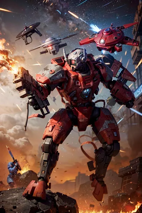 Photo of battlesuit, mecha, ((xv88:1.3)), holding gun, firing, one-eyed,
(man:1.2), ascended, epic, red body, scartches, red colorway, shoulder cannon, arm cannon, gattling gun, damaged, huge gun,
tau, fire warrior, soldiers in the background
army, battle, in the middle of siege, heavy explosion, gun drone,
<lora:tool - add_detail:0.5> <lora:Ta'u, Battle Suits MK1 by CARAXES:0.7> <lora:tool - more_details:0.5>