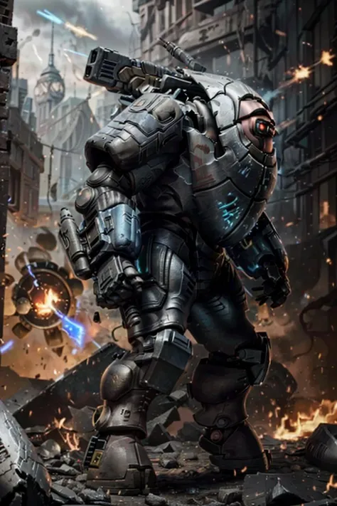 Photo of stealthsuit, mecha, ((xv25:1.3)), holding gun, firing, one-eyed, 
(man:1.2), ascended, epic, white metal, scartches, red colorway, shoulder cannon, arm cannon, gattling gun, damaged
tau, fire warrior, soldiers in the background
army, battle, in the middle of siege, heavy explosion, gun drone, from side,
<lora:tool - add_detail:1> <lora:Ta'u, Battle Suits MK1 by CARAXES:0.8>