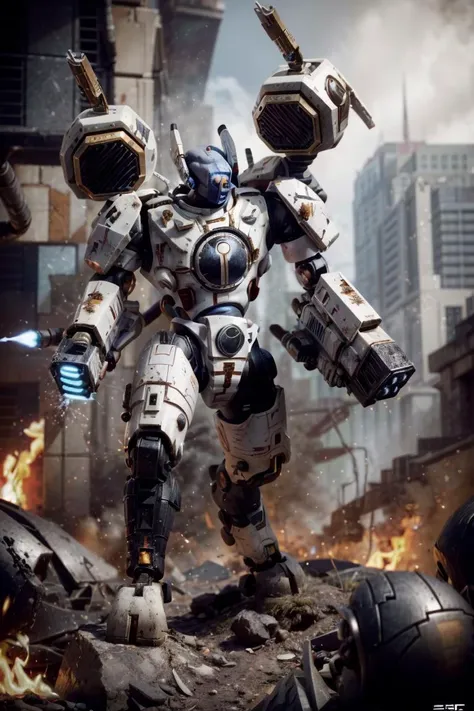 Photo of battlesuit, mecha, xv104, holding gun, firing,
(man:1.2), ascended, epic, white metal, scartches, red colorway, shoulder cannon, arm cannon, gattling gun, damaged
tau, fire warrior, soldiers in the background
army, battle, in the middle of siege, heavy explosion, gun drone,
<lora:tool - add_detail:1> <lora:Ta'u, Battle Suits MK1 by CARAXES:0.8>