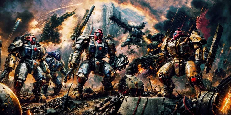 Generate a stunning art style, a true [masterpiece] [best quality] of art. The image showcases [detailed linework], [dynamic shading], and [dramatic lighting], bringing to life a [dark atmosphere, grim coloures] . In the background a [battlefield,in the middle of siege, heavy explosion] is to be seen in [grand, high-scale, panorama]  from  [from below].
Mecha battlesuit xv95 solo is [full body, charging forward,  looking at viewer] .  It is wearing a [stunning shoulder cannon, arm cannon, gattling gun, damaged, huge gun]. It is holding a [sword, shield]. A [gun drone] is following it.
<lora:Ta'u, Battle Suits MK1 by CARAXES:0.7> <lora:more_details:0.8> <lora:add_detail:1>