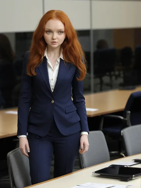 lilyCole01 wearing a conservative 3-piece suit in a company boardroom presenting