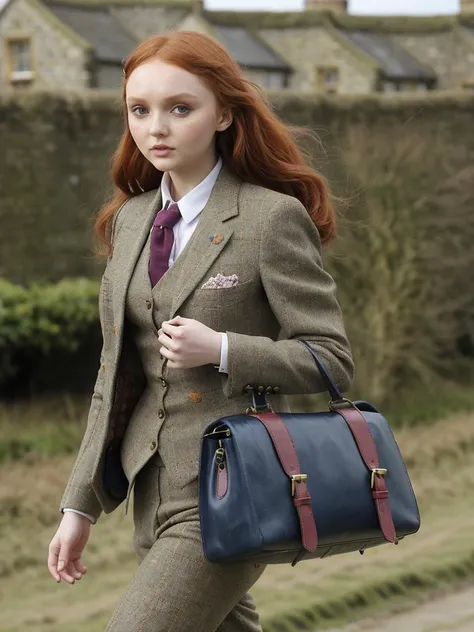lilyCole01 wearing a tweed suit walking in the english countryside carrying a leather satchel