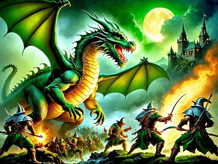 Fujifilm quality photograph (best quality)++, (masterpiece)++, (detailed)+, Leprechauns fighting a Dragon, (fantasy illustration)1.3, enchanting Dragon At war with Leprechauns mystical battle, Leprechauns versus Dragon War (many Leprechauns battling)1.4(Shamrock weapons)+++ (whimsical charm).4 Otherworldly charm, mystical sky, (Luis Royo)1.2, (Yoshitaka Amano)1.1, moonlit night, soft colors, (detailed cloudscape)1.3, (high-resolution)1.2 (Leprechauns battling everywhere)1.2 , <lora:Fantasy_Races_XL:0.8> Leprechaun, Pots of gold Rainbow, Leprechaun versus dragon this is war,