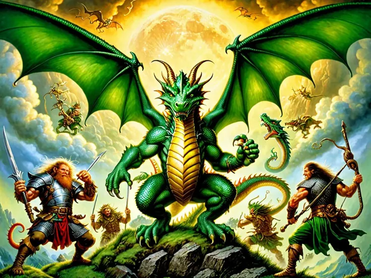 Fujifilm quality photograph (best quality)++, (masterpiece)++, (detailed)+, Leprechauns fighting a Dragon, (fantasy illustration)1.3, enchanting Dragon At war with Leprechauns mystical battle, Leprechauns versus Dragon War (many Leprechauns battling)1.4(Shamrock weapons)+++ (whimsical charm).4 Otherworldly charm, mystical sky, (Luis Royo)1.2, (Yoshitaka Amano)1.1, moonlit night, soft colors, (detailed cloudscape)1.3, (high-resolution)1.2 (Leprechauns battling everywhere)1.2 , <lora:Fantasy_Races_XL:0.8> Leprechaun, Pots of gold Rainbow, Leprechaun versus dragon this is war,