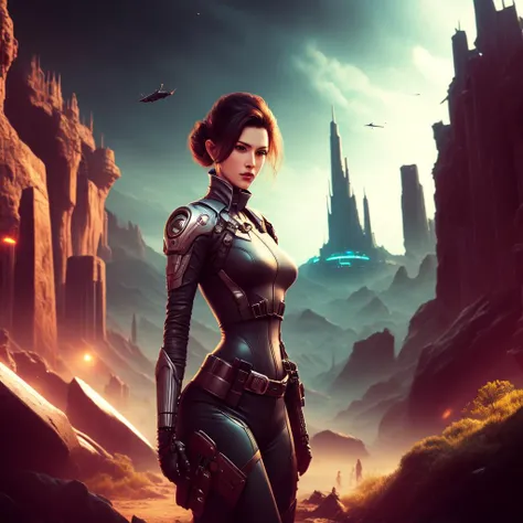 an attractive woman [gunslinger:bounty hunter:0.4] standing in a scifi wilderness (neoncitadel style:1) <lora:djzNeonCitadel_LB2:0.8>