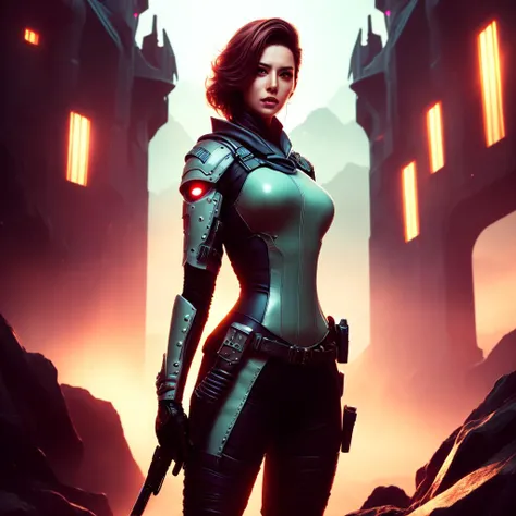 an attractive woman [gunslinger:bounty hunter:0.4] standing in a scifi wilderness (neoncitadel style:1) <lora:djzNeonCitadel_LB2:0.8>