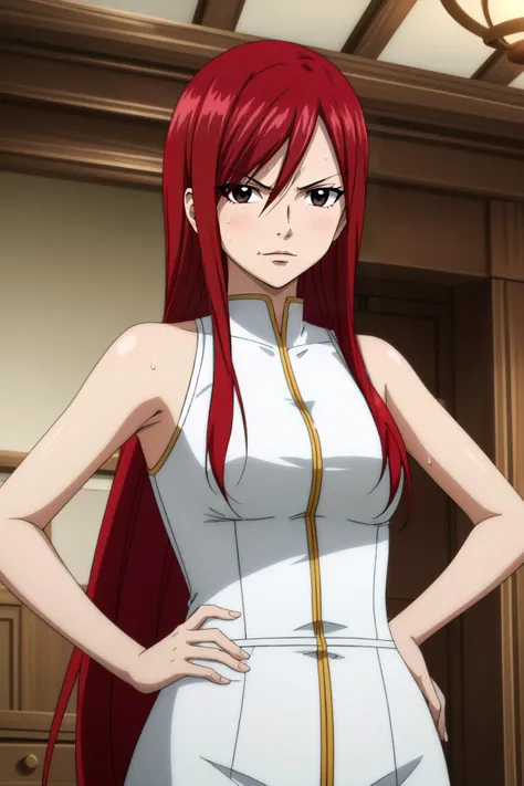 (masterpiece, best quality), intricate details,
1girl, <lora:erzascarlet-lora-nochekaiser:0.8> erza scarlet, long hair, (red hair:1.5), hair between eyes, (brown eyes:1.1),
indoors, smug, hands on hips, sweating,
