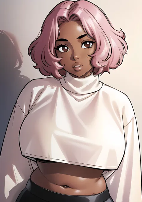 1girl, dark_skin, dark-skinned_female, solo, pink hair, short hair, medium hair, wavy hair, medium breasts, messy hair, hair intakes, brown eyes, white shirt, cropped_shirt, navel, plump, black pants, thick_lips, white sweater, turtleneck_sweater, <lora:ph Style:0.6>