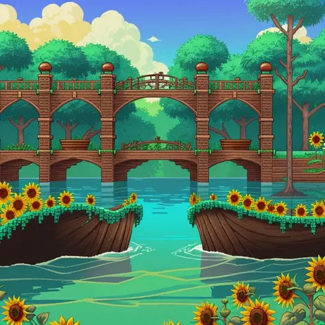 <lora:Terraria Style - V1-000005:0.35> Terraria_Style, 2D, pixelart, above ground, outdoors, purity biome, trees, grass, plants, flowers, clouds, sun, day time, iron block, iron beam, rope, flowing water, flower vines, sunflowers, bridge, wood, broken wood fence, shallow water,, highest quality, highest quality visuals, highest details,