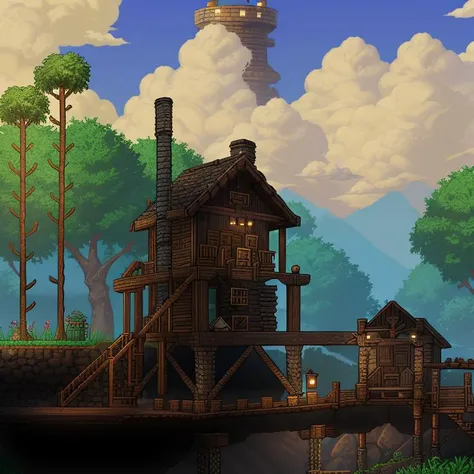 <lora:Terraria Style - V1-000005:0.60> Terraria_Style, 2D, pixelart, outdoors, above ground, purity biome, day time, black smith shop, crates, dirty, cobwebs, wood, cobblestone, fireplace, forge, air conditioner, pile of coal, rope, wood, stairs, smoke, chimney, smoke, iron brick, crane, coal minecart, lift, chain, silt, iron machine, textiles, wood beams, trees, wooded area, clouds, mountains, sky, dusty bottles, dusty books, keg, anvil, switch, rusty iron, mine cart track, lights, ceiling light,, highest quality, highest quality visuals, highest details,