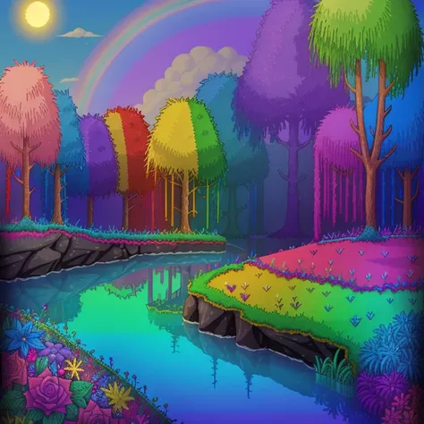 <lora:Terraria Style - V1-000005:0.50> Terraria_Style, 2D, pixelart, hallowed biome, hallowed grass, rainbow plants, water, rainbow, colorful plants, above ground, trees, daytime, daylight, sun, pink water, hallowed water, hanging vines, grass, dirt, lilypad,, highest quality, highest quality visuals, highest details,