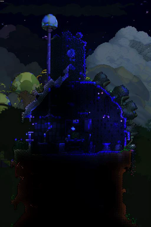 <lora:Terraria Style - V1-000005:1.0> Terraria_Style, 2D, pixelart, outdoor, above ground, mushroom biome, space biome, bloud, mushroom grass, mushroom vines, crimstone ore, silver ore, iron ore, copper ore, lead ore, tungsten ore, gold ore, storm cloud, drizzle, sunplate blocks, skyware building, skyware chair, skyware table, skyware chest, skyware door, music box, sky banners, broken glass, skyware dresser, stars, shallow water,, highest quality, highest quality visuals, highest details,