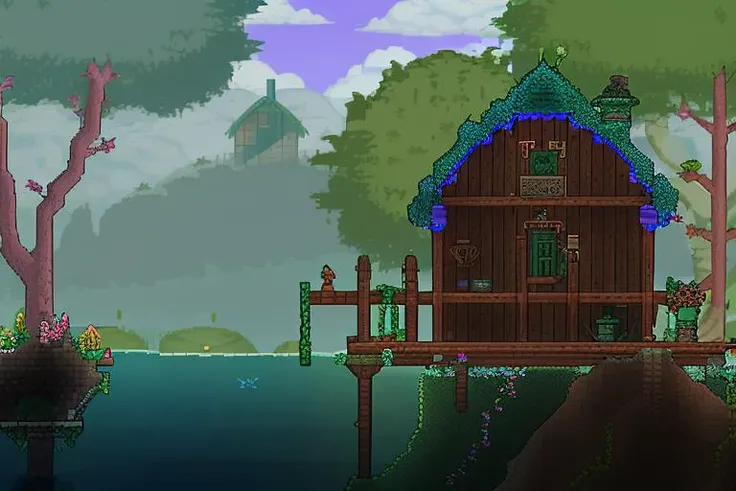 <lora:Terraria Style - V1:0.85> terraria_style, 2d, pixelart, 1girl, by lake, sitting, fishing, pond, small house,
