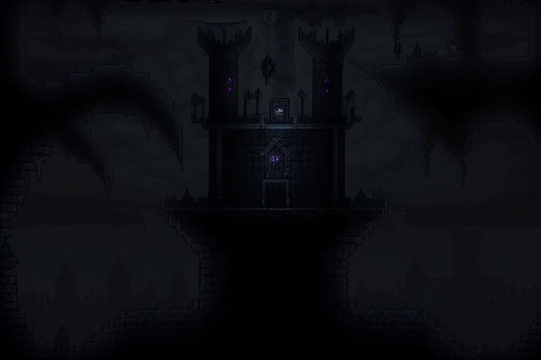 <lora:Terraria Style - V1:0.75> terraria_style, 2d, pixelart, gothic_castle, dark, stormy, old building, no_humans,