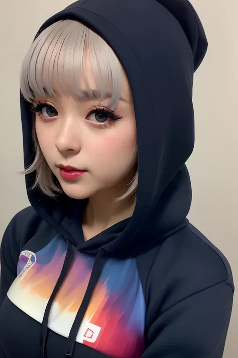 photo of (marigarn:0.99), a woman as a jpop idol, modelshoot style, (extremely detailed CG unity 8k wallpaper), photo of the most beautiful artwork in the world, professional majestic oil painting by Ed Blinkey, Atey Ghailan, Studio Ghibli, by Jeremy Mann, Greg Manchess, Antonio Moro, trending on ArtStation, trending on CGSociety, Intricate, High Detail, Sharp focus, dramatic, photorealistic painting art by midjourney and greg rutkowski, (wearing a sexy hoodie with a colorful logo:1.2), ((taking a selfie)), ((hand on her chin)), ((looking at the camera:1.2)), (detailed pupils:1.3), (modern outfit:1.2), (closeup:1.2), ((shock512:1.2)), (red lips)