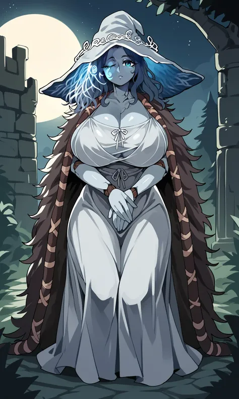 ultra-high resolution, humano, humanooid, Sozinho, ranni the withch do anel de Elden, pele azul clara, doll joints, um olho fechado, female, Corpo maduro, corpo volumoso, two arms, Saggy breasts, (vestir), capa de pele, decote profundo, pose confiante, leve sorriso, Standing, (by magnets)
