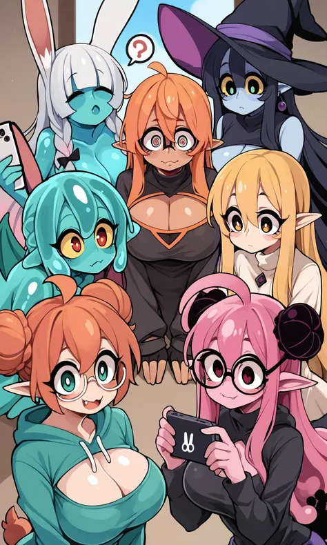 score_9, score_8_up, score_7_up, score_6_up, score_5_up, score_4_up, (source_anime), <lora:[GP] Bongfill Style [Pony XL]:1.0> multiple girls,  huge breasts,  indoors, 
long hair, breasts, looking at viewer, blush, smile, short hair, open mouth, bangs, blue eyes, multiple girls, skirt, blonde hair, large breasts, brown hair, shirt, black hair, hair ornament, red eyes, gloves, long sleeves, hat,  dress, bow, holding, animal ears, cleavage, hair between eyes, bare shoulders, jewelry, medium breasts, very long hair, closed mouth, green eyes, blue hair, purple eyes, jacket, tail, closed eyes, yellow eyes, white shirt, ponytail, pink hair, purple hair, braid, flower, ahoge, white hair, short sleeves, :d, grey hair, heart, red hair, multicolored hair, earrings, one eye closed, green hair, wings, horns, glasses, teeth, choker, pointy ears, fang, dark skin, hood, blunt bangs, fingerless gloves, pink eyes, hair bun, orange hair, rabbit ears, hair over one eye, black eyes, twin braids, sweater, leotard, dark-skinned female, orange eyes, sleeves past wrists, grey eyes, hands up, clothing cutout, v, strapless, double bun, aqua hair, hoodie, gradient hair, witch hat, colored skin, turtleneck, 6+girls, fangs, phone, cleavage cutout, demon girl, suspenders, cellphone, own hands together, > <, monster girl, ?, smartphone, colored sclera, holding phone, black-framed eyewear, curly hair, @ @, wide-eyed, round eyewear, blue skin, rabbit girl, black sclera, hair over eyes, green skin, white eyes, grey skin, yellow sclera, pink skin, slime girl,