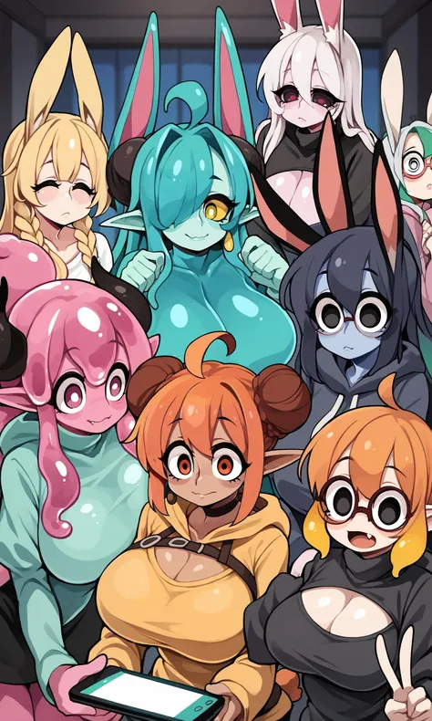 score_9, score_8_up, score_7_up, score_6_up, score_5_up, score_4_up, (source_anime), <lora:[GP] Bongfill Style [Pony XL]:1.0> multiple girls,  huge breasts,  indoors, 
long hair, breasts, looking at viewer, blush, smile, short hair, open mouth, bangs, blue eyes, multiple girls, skirt, blonde hair, large breasts, brown hair, shirt, black hair, hair ornament, red eyes, gloves, long sleeves, hat,  dress, bow, holding, animal ears, cleavage, hair between eyes, bare shoulders, jewelry, medium breasts, very long hair, closed mouth, green eyes, blue hair, purple eyes, jacket, tail, closed eyes, yellow eyes, white shirt, ponytail, pink hair, purple hair, braid, flower, ahoge, white hair, short sleeves, :d, grey hair, heart, red hair, multicolored hair, earrings, one eye closed, green hair, wings, horns, glasses, teeth, choker, pointy ears, fang, dark skin, hood, blunt bangs, fingerless gloves, pink eyes, hair bun, orange hair, rabbit ears, hair over one eye, black eyes, twin braids, sweater, leotard, dark-skinned female, orange eyes, sleeves past wrists, grey eyes, hands up, clothing cutout, v, strapless, double bun, aqua hair, hoodie, gradient hair, witch hat, colored skin, turtleneck, 6+girls, fangs, phone, cleavage cutout, demon girl, suspenders, cellphone, own hands together, > <, monster girl, ?, smartphone, colored sclera, holding phone, black-framed eyewear, curly hair, @ @, wide-eyed, round eyewear, blue skin, rabbit girl, black sclera, hair over eyes, green skin, white eyes, grey skin, yellow sclera, pink skin, slime girl,