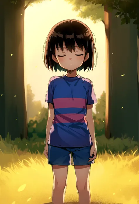 masterpiece, best quality, detailed, 1girl, striped shirt, t-shirt, blue shorts, lens flare, bloom, outside, standing, frisk, frisk \(undertale\), closed eyes, expressionless, young, child, two stripes, <lora:ChumpyChoo_Char_Frisk:0.7>