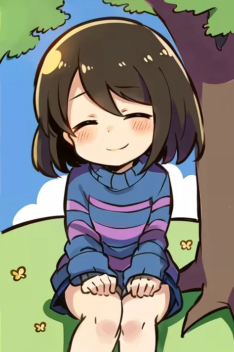 masterpiece, best quality, 1girl, striped shirt, two stripes on shirt, frisk \(undertale\), frisk, outside, tree, grass, sitting, closed eyes, yellow skin, smile, jcm2, <lora:ChumpyChoo_Char_Frisk:0.6>