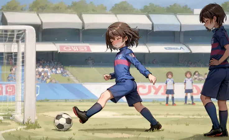 masterpiece, best quality, detailed, 1girl, brown hair, soccer uniform, outdoors, blurry background, crowd, people, crowd of people, blurry foreground, full body, airborne, frisk, frisk \(undertale\), closed eyes, public area, young, , jcm2, soccer ball,  (soccer field), small breasts, blush,  <lora:ChumpyChoo_Char_Frisk:0.7>