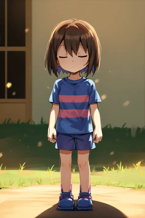 masterpiece, best quality, detailed, 1girl, striped shirt, t-shirt, blue shorts, lens flare, bloom, outside, standing, frisk, frisk \(undertale\), closed eyes, expressionless, young, child, two stripes, <lora:ChumpyChoo_Char_Frisk:0.7>