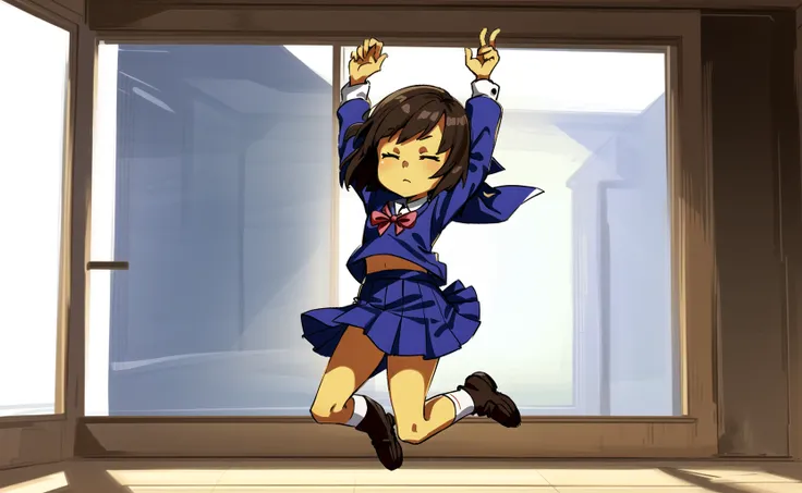 masterpiece, best quality, detailed, 1girl, brown hair, school uniform, indoors, classroom, window, jumping, full body, airborne, arms up, frisk, frisk \(undertale\), closed eyes, expressionless, young, child, (yellow skin), jcm2, five fingers, <lora:ChumpyChoo_Char_Frisk:0.6>  <lora:ChumpyChoo_Style_jcm2:0.4>