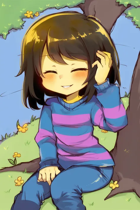 masterpiece, best quality, 1girl, striped shirt, two stripes on shirt, blue pants, frisk \(undertale\), frisk, outside, tree, grass, sitting, closed eyes, (yellow skin), smile, <lora:ChumpyChoo_Char_Frisk:0.6>