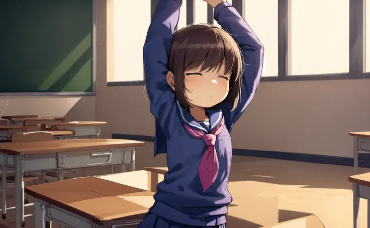 masterpiece, best quality, detailed, 1girl, school uniform, indoors, classroom, window jumping, arms up, frisk, frisk \(undertale\), closed eyes, expressionless, young, child,  yellow skin, <lora:ChumpyChoo_Char_Frisk:0.7>