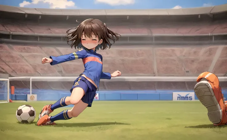 masterpiece, best quality, detailed, 1girl, brown hair, soccer uniform, outdoors, blurry background, crowd, people, crowd of people, blurry foreground, full body, airborne, frisk, frisk \(undertale\), closed eyes, public area, young, child, jcm2, soccer ball,  (soccer field), small breasts, blush, cheering crowd, kicking ball,  <lora:ChumpyChoo_Char_Frisk:0.7>