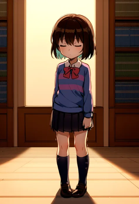 masterpiece, best quality, detailed, 1girl, school uniform, indoors, library, standing, frisk, frisk \(undertale\), closed eyes, expressionless, young, ,  <lora:ChumpyChoo_Char_Frisk:0.7>