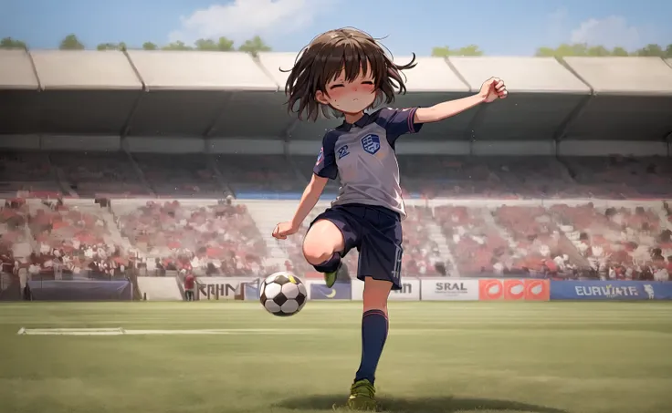 masterpiece, best quality, detailed, 1girl, brown hair, soccer uniform, outdoors, blurry background, crowd, people, crowd of people, blurry foreground, full body, airborne, frisk, frisk \(undertale\), closed eyes, public area, young, child, soccer ball,  (soccer field), small breasts, blush, cheering crowd, kicking ball,  <lora:ChumpyChoo_Char_Frisk:0.7>