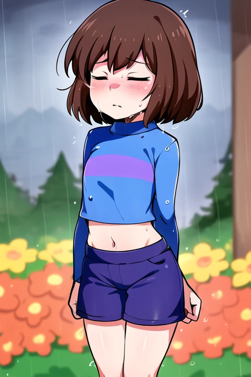 masterpiece, best quality, detailed, 1girl, brown hair, outdoors, blurry background, park bench, flower bed, ((raining, cold)), (trembling), blurry foreground, frisk, frisk \(undertale\), closed eyes, young, , park, crop top, blue shorts, jcm2, close-up, <lora:ChumpyChoo_Char_Frisk:0.7> <lora:ChumpyChoo_Style_jcm2:0.4>
