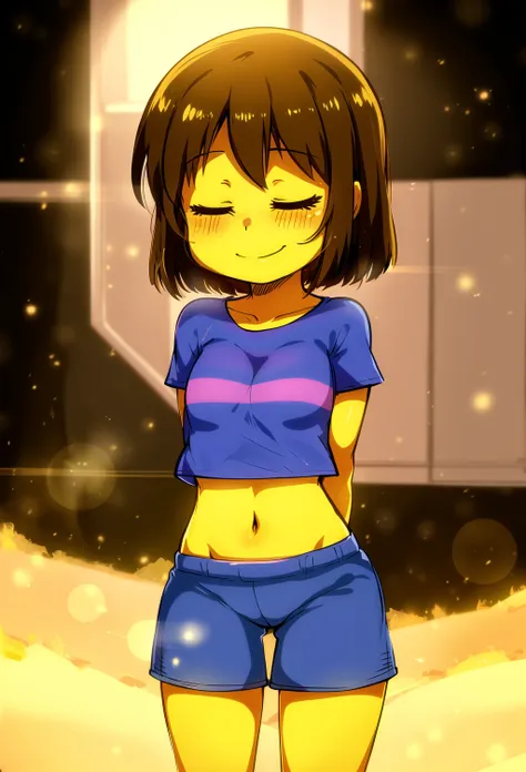 masterpiece, best quality, detailed, 1girl, crop top, striped, blue shorts, lens flare, bloom, outside, standing, frisk, frisk \(undertale\), closed eyes, smile, young, child, arms behind back, {{yellow skin}}, jcm2, <lora:ChumpyChoo_Char_Frisk:0.7> <lora:ChumpyChoo_Style_jcm2:0.4>