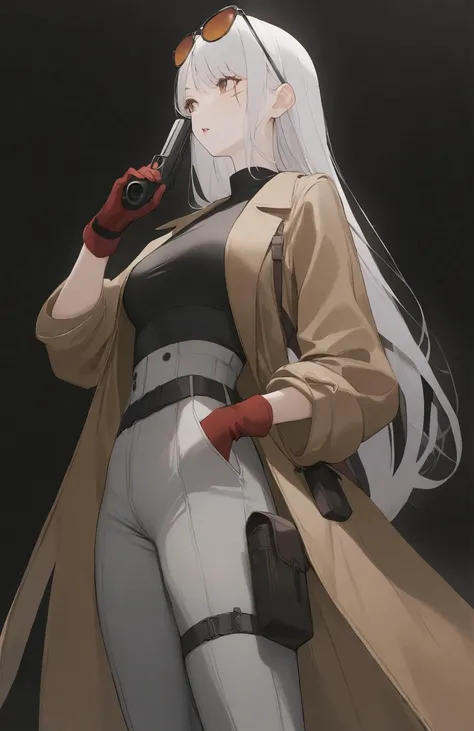1girl,
sul \( 20sub\),
weapon, brown eyes, looking away, pouch, medium breasts, sweater, simple background, swept bangs, white hair, lips, very long hair, red gloves, eyebrows hidden by hair, gun, pants, scar, thigh pouch, gloves, looking afar, coat, open clothes, sunglasses, straight hair, open coat, black background, black gloves, high-waist pants, brown coat, parted lips, scar across eye, long hair, cowboy shot, scar on face, solo, hand in pocket, thigh strap, grey pants, breasts, eyewear on head,
masterpiece, best quality, newest
<lora:sul_(_20sub)_image66_2024-03-28_a31-000035:1>