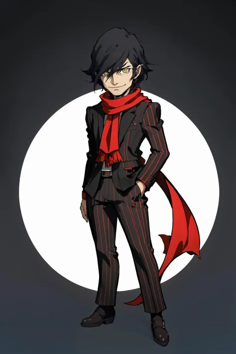 masterpiece, best quality, standing, evil smile
<lora:zs_Nyarlathotep:1> nyarlathotepp2, black hair, suit, pants, pinstripe pattern, red scarf, yellow eyes, (black shirt), black footwear, long sleeves
 <lora:PersonaQstyle4rep:1> Q2style, white background, plain background