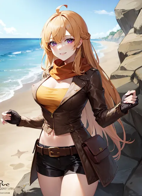 ((best quality)), ((highly detailed)), masterpiece, absurdres, detailed face, beautiful face, (detailed eyes, deep eyes), (1girl), Perspective control, full body, <lora:yang_xiao_long:.9>, yang_xiao_long, blonde hair, purple eyes, large breasts, smiling, fingerless gloves, midriff, shorts, jacket, scarf, belt, (at the coast, people beach, (multiple others), horizon, <lora:Concept_RockyBackdrop:1>, rocky backdrop, rocks in the water, diving suit, dawn, sunrise)