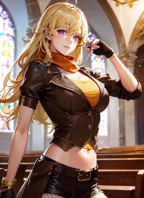 ((best quality)), ((highly detailed)), masterpiece, absurdres, extremely detailed face, beautiful face, (detailed eyes, deep eyes), (1girl), <lora:slim_tall-plump_short:-1.25>, upper body, <lora:yang_xiao_long:.8>, yang_xiao_long, purple eyes, large breasts, smiling, fingerless gloves, midriff, shorts, jacket, scarf, belt, (at a church, midday)