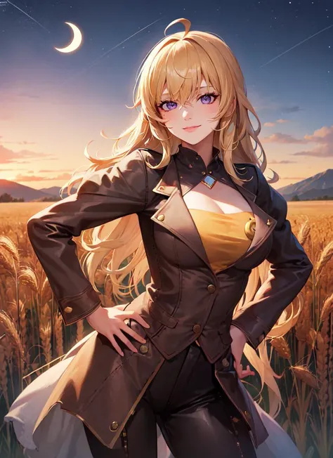 ((best quality)), ((highly detailed)), masterpiece, absurdres, (detailed eyes, deep eyes), (1girl), dynamic pose, cowboy shot, contrapposto, hand on hip, <lora:yang_xiao_long:1>, yang_xiao_long, blonde hair, purple eyes, large breasts, smiling, lip piercing, (at a wheat field, evening, night sky, stars, crescent moon)