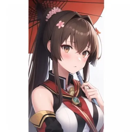 (masterpiece, best quality:1.2),illustration,8k,hd,1girl,solo,upper body,(portrait:1.2),long_hair,brown_hair,ponytail,hair_ornament,flower,hair_flower,very_long_hair,large_breasts,brown_eyes,blush,hair_between_eyes,detached_sleeves,skirt,umbrella,oil-paper_umbrella,red_umbrella,thighhighs,miniskirt,black thighhighs,<lora:Yamato>,