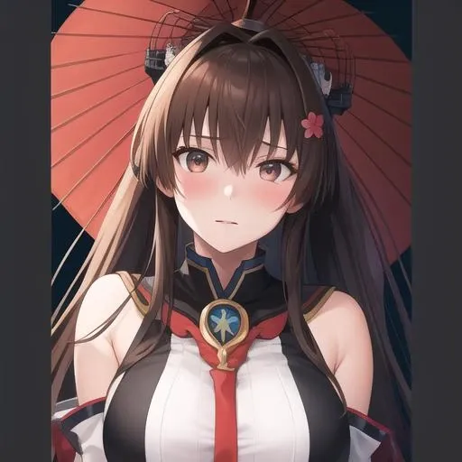 (masterpiece, best quality:1.2),illustration,8k,hd,1girl,solo,upper body,(portrait:1.2),long_hair,brown_hair,ponytail,hair_ornament,flower,hair_flower,very_long_hair,large_breasts,brown_eyes,blush,hair_between_eyes,detached_sleeves,skirt,umbrella,oil-paper_umbrella,red_umbrella,thighhighs,miniskirt,black thighhighs,<lora:Yamato>,