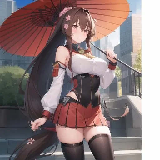 (masterpiece, best quality:1.2),illustration,8k,hd,1girl,solo,long_hair,brown_hair,ponytail,hair_ornament,flower,hair_flower,very_long_hair,large_breasts,brown_eyes,blush,hair_between_eyes,detached_sleeves,skirt,umbrella,oil-paper_umbrella,red_umbrella,thighhighs,miniskirt,black thighhighs,<lora:Yamato>,