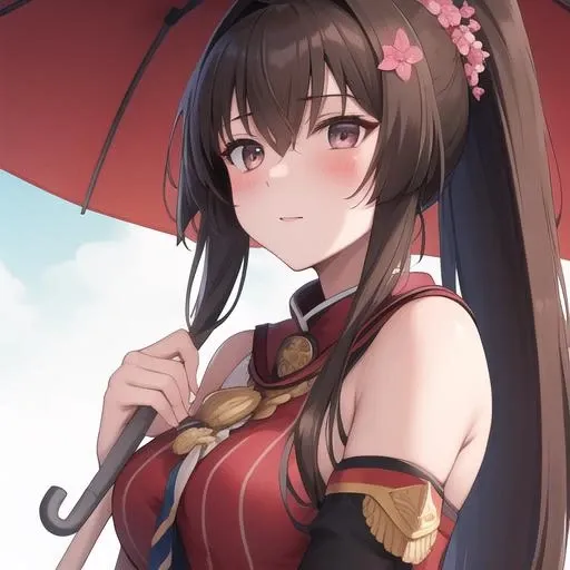(masterpiece, best quality:1.2),illustration,8k,hd,1girl,solo,upper body,(portrait:1.2),long_hair,brown_hair,ponytail,hair_ornament,flower,hair_flower,very_long_hair,large_breasts,brown_eyes,blush,hair_between_eyes,detached_sleeves,skirt,umbrella,oil-paper_umbrella,red_umbrella,thighhighs,miniskirt,black thighhighs,<lora:Yamato>,