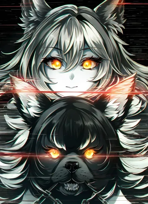 ((best quality)), ((highly detailed)), masterpiece, detailed face, beautiful face, (detailed eyes, deep eyes), (1girl), cowboy shot, <lora:aiomonstergirls_loraLocon:.8>, (hellhound), colored skin, charcoal black colored skin:1.33, wolf ears, black fur, white hair, flame eyes, orange eyes, ((glowing eyes)), dog collar, chain leash, chains, shackles, monster girl, <lora:Glitching:.9>, Glitching, glitch