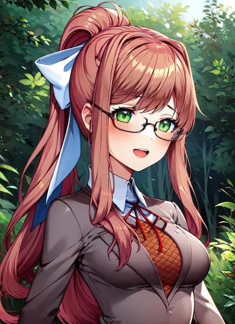 ((best quality)), ((highly detailed)), masterpiece, absurdres, (detailed eyes, deep eyes), (1girl), (glasses), dynamic pose, upper body, <lora:ddlc-10:1>, Monika_(doki doki literature club), (green eyes), brown hair, bangs, very long hair, long hair, ponytail, sidelocks, hair bow, white bow, :D, shrug_(clothing), sunset, <lora:Glitching:.7>, Glitching, glitch, (outdoors, at a rainforest, jungle canopy, afternoon), <lora:DDLC-Style_Fp:.65>, simple background