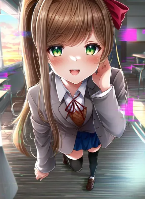 ((best quality)), ((highly detailed)), masterpiece, detailed face, beautiful face, (detailed eyes, deep eyes), (1girl), full body, <lora:hairdetailer:.9>, <lora:ddlc-10:1>, Monika, (green eyes), brown hair, bangs, very long hair, long hair, ponytail, sidelocks, hair bow, white bow, :D, school uniform, neck ribbon, shirt, grey jacket, blazer, black thighhighs, pleated skirt, skirt, blue skirt, ((blush)), inside, in a classroom, sunset, <lora:Glitching:.9>, Glitching, glitch